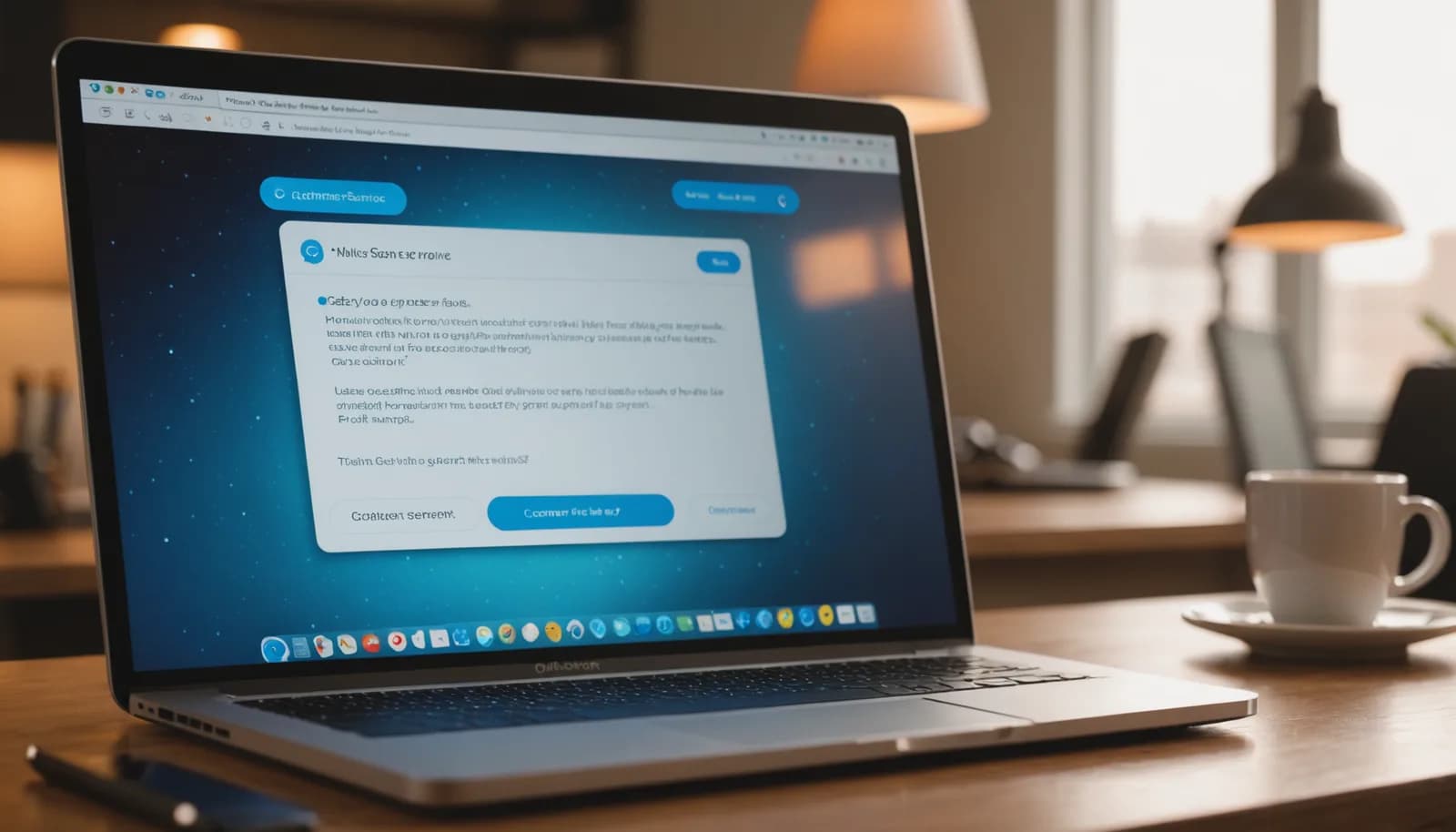 Laptop screen showing an AI customer service chatbot interface with message bubbles and chat input