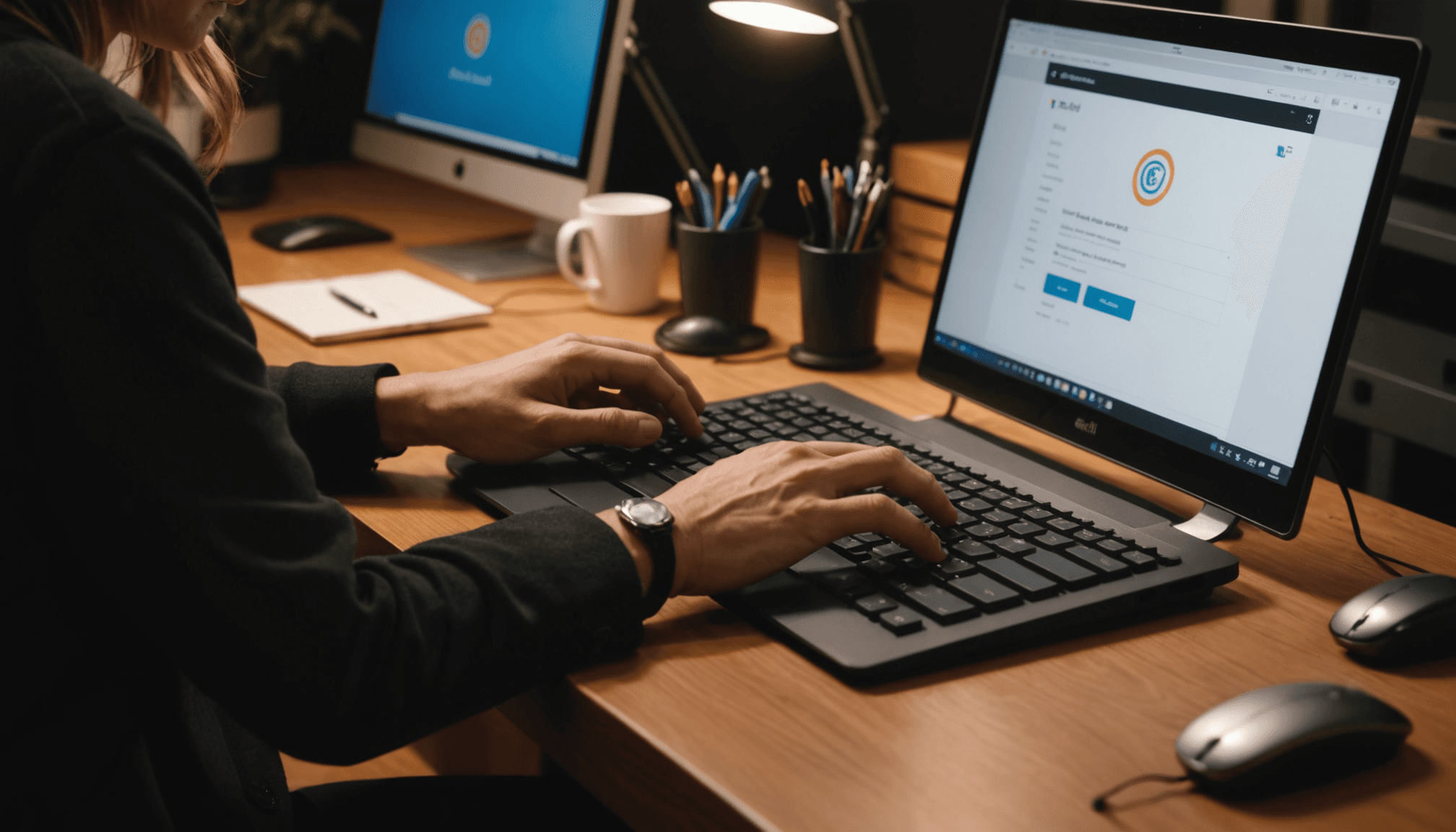 Close-up of person typing business emails with AI assistant draft suggestions on monitor screen