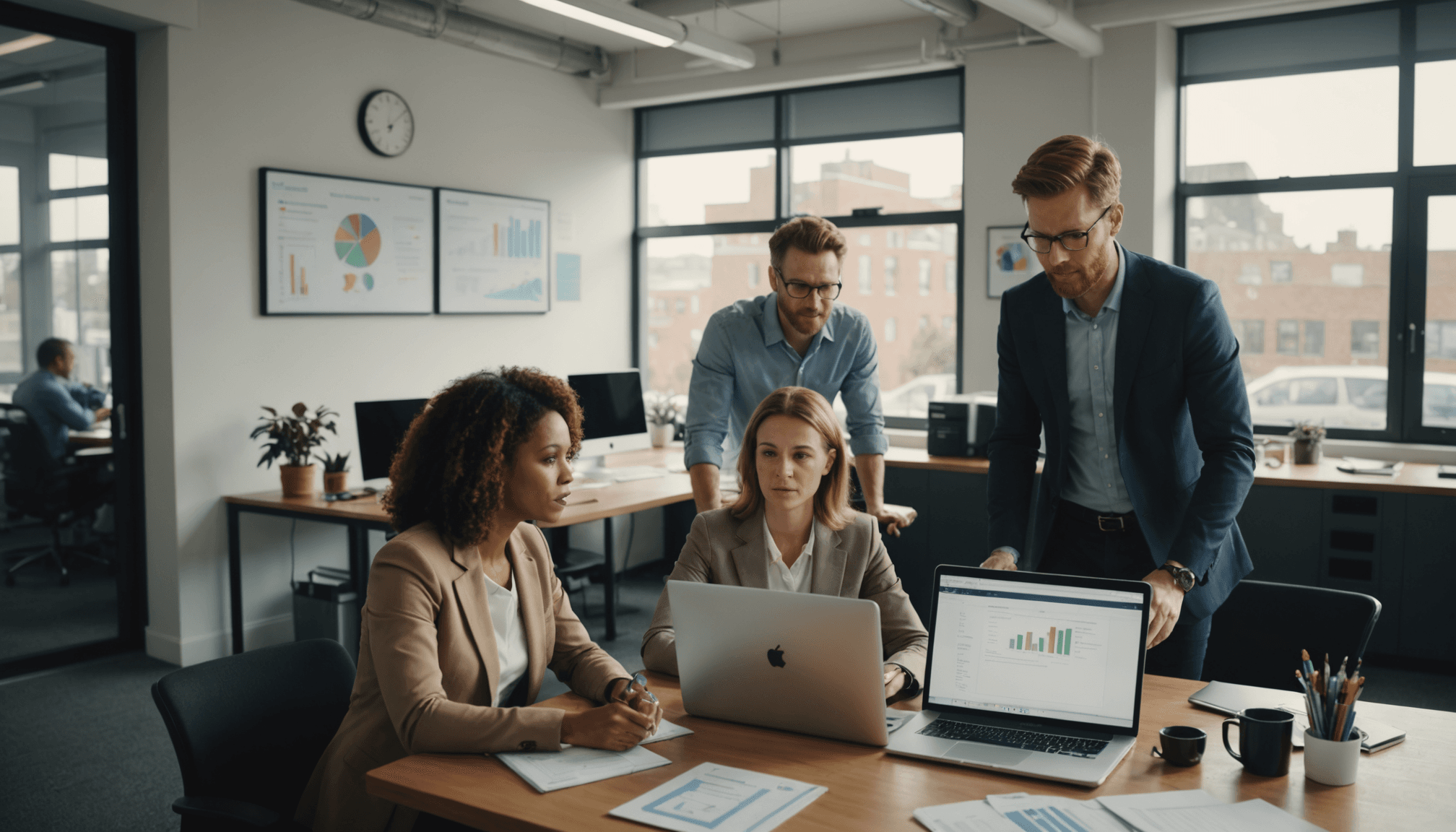 Small business team reviewing unified AI email assistant dashboard showing CRM and communication metrics