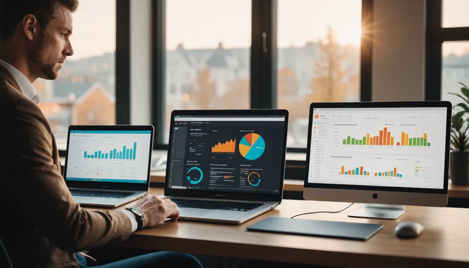 Sales professional reviewing AI-powered CRM dashboard with prospect insights and real-time data for