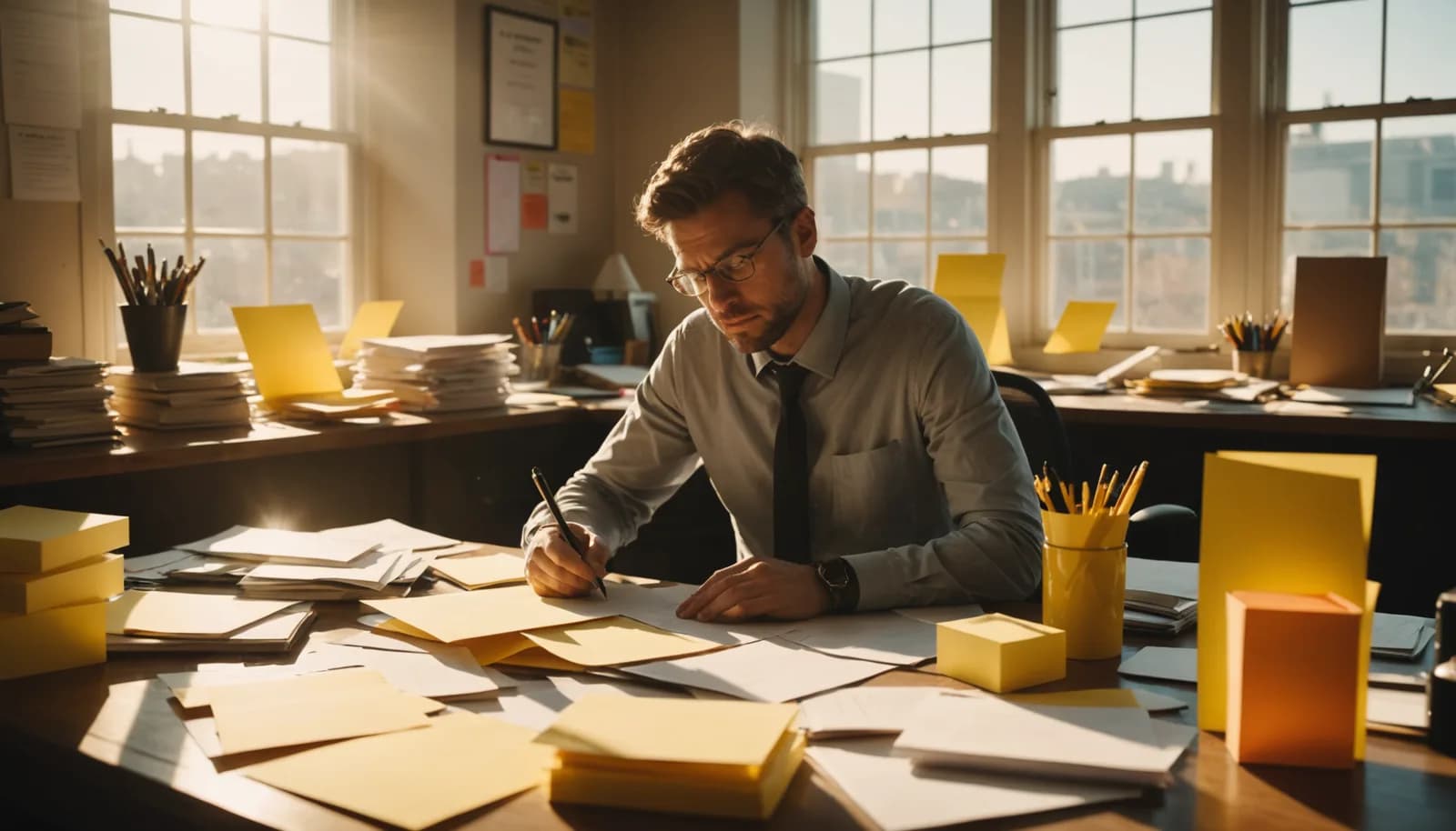 Office worker surrounded by papers and reminders, illustrating manual repetitive work before