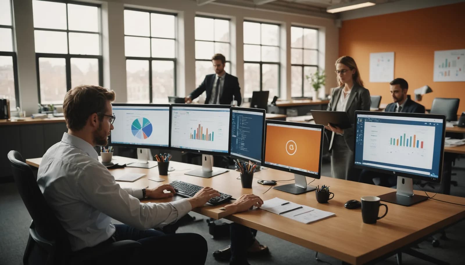 Team collaborating around workflow automation tools and business process diagrams on a monitor.