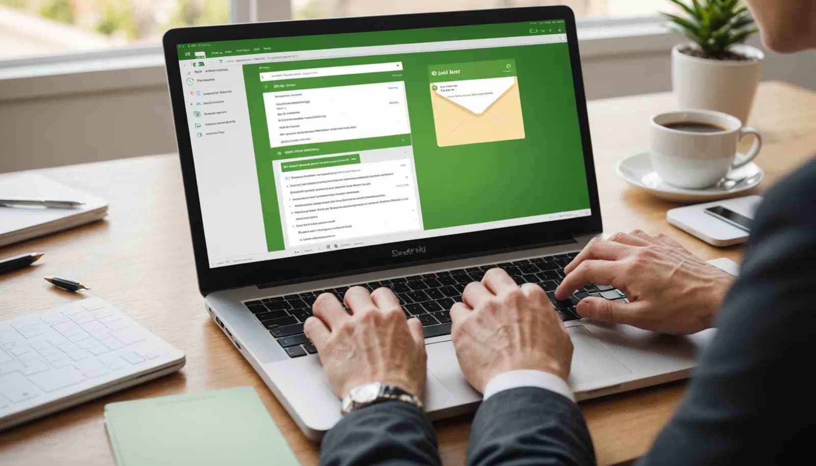 Laptop showing email inbox with successful message delivery highlighted, demonstrating improved