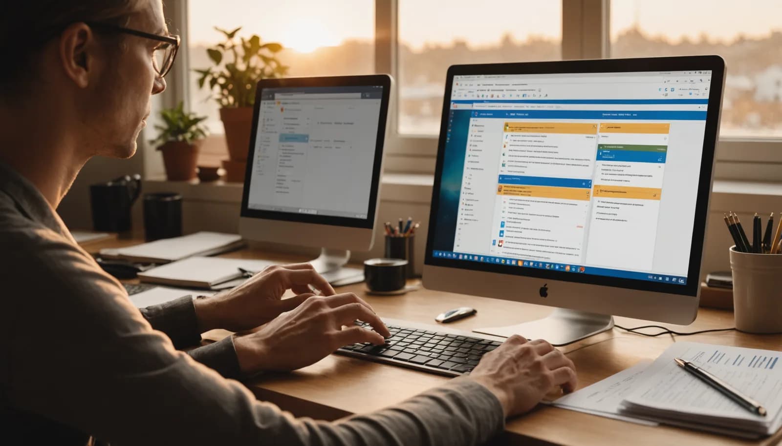 Automated onboarding workflow process displayed on a desktop monitor with email and calendar