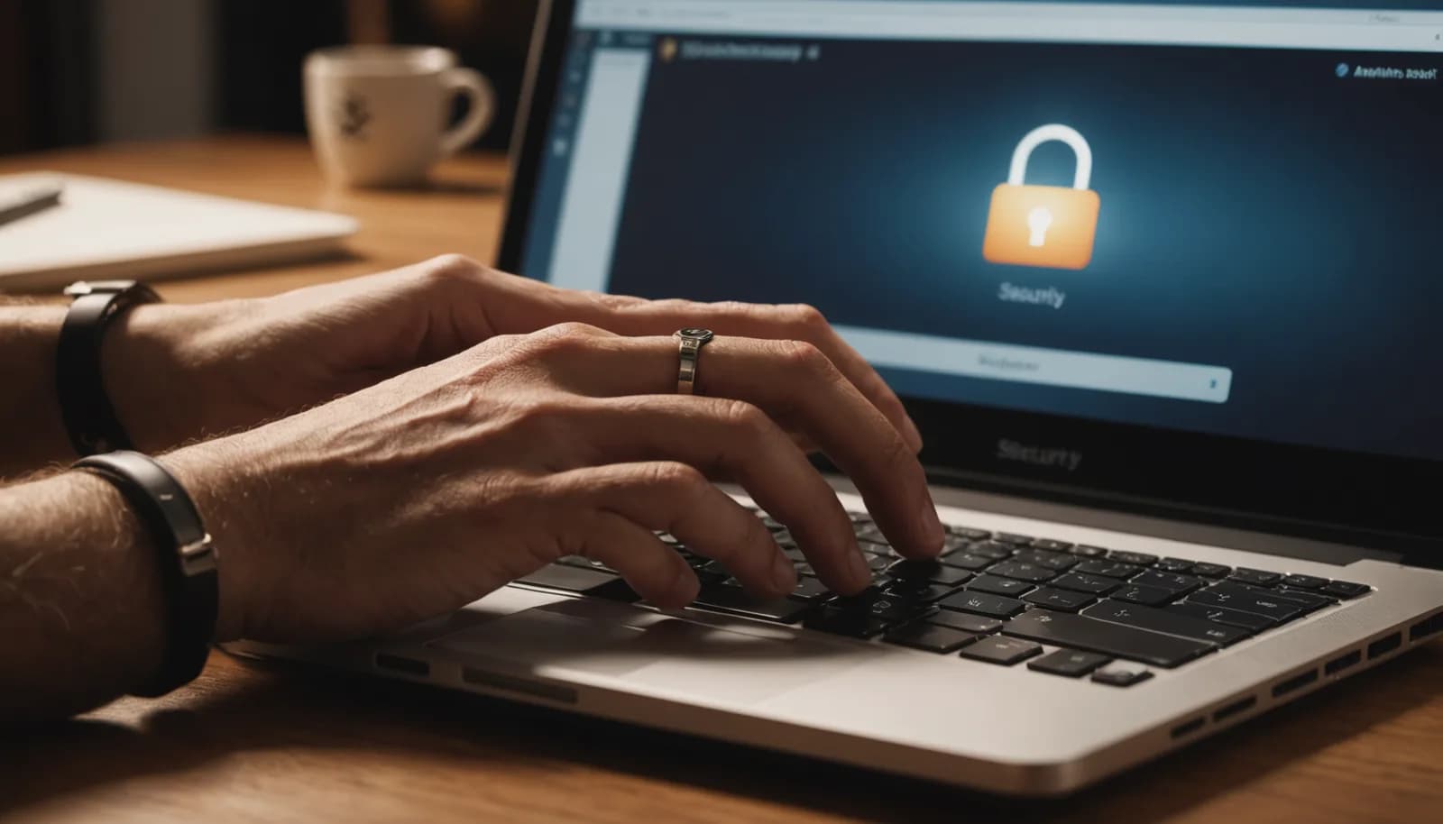 Hands typing on laptop keyboard with authentication security indicators visible, representing email