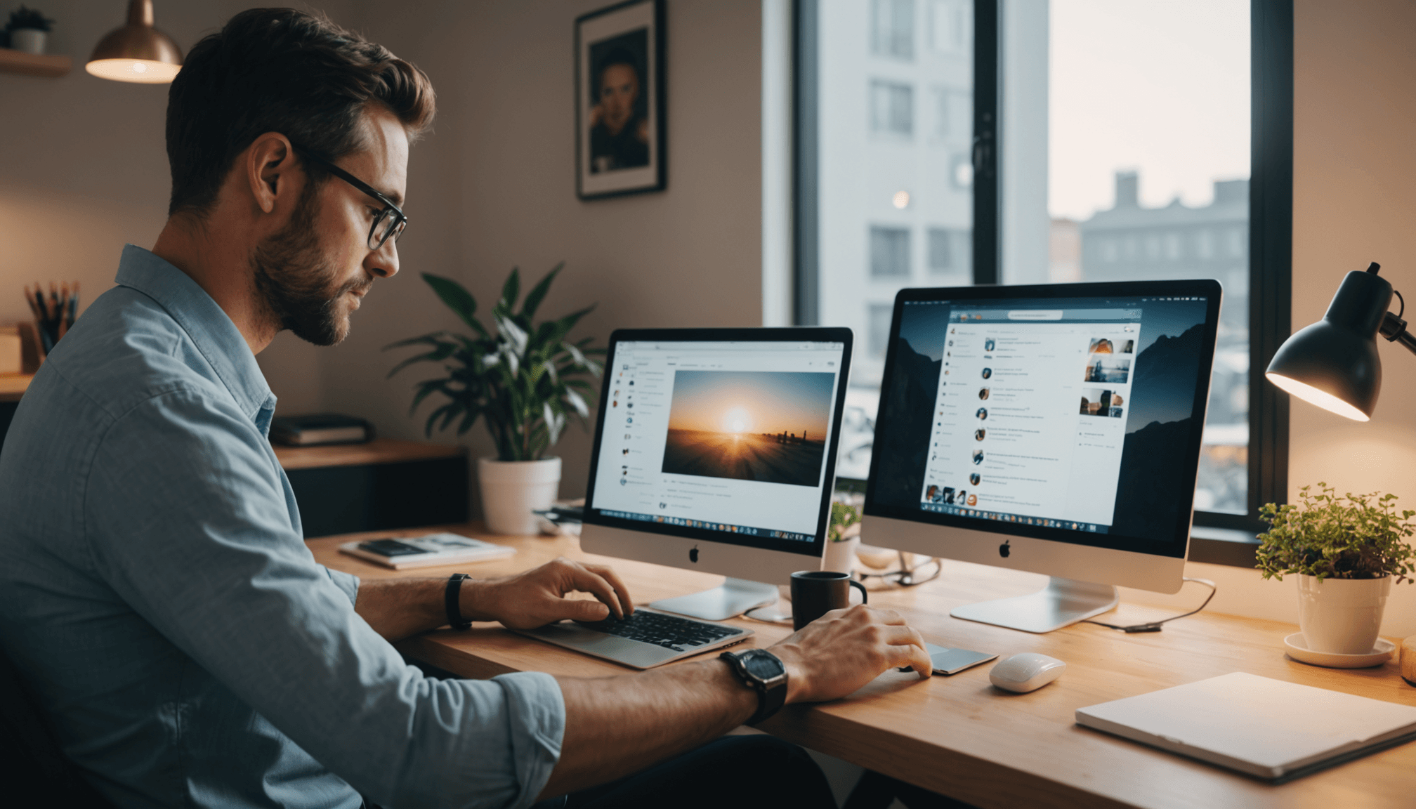 Small business owner reviewing Instagram DM automation messages on laptop and mobile phone at desk