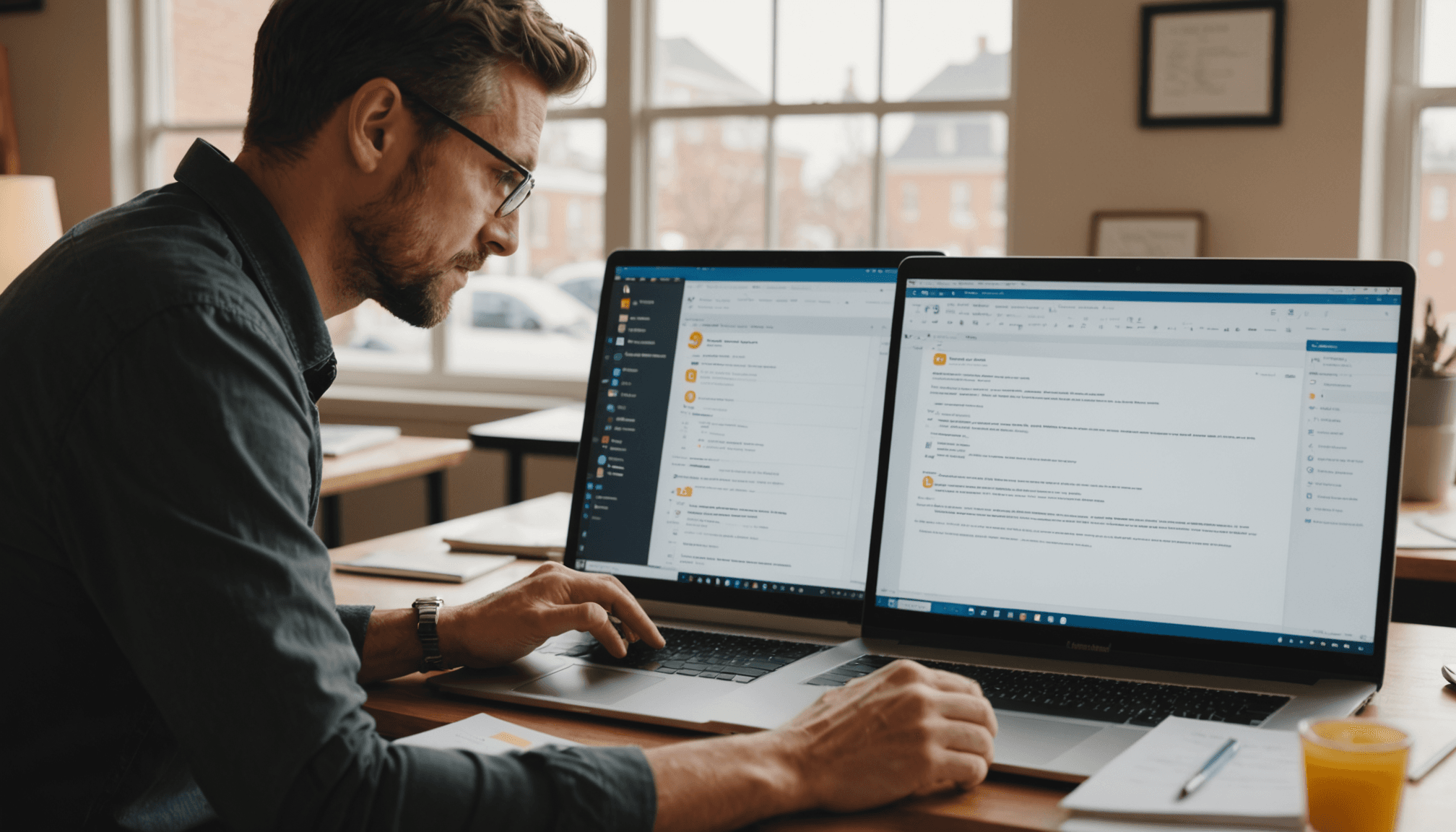 A business professional reviewing a unified customer profile alongside an active conversation thread on a laptop to manage conversations across channels