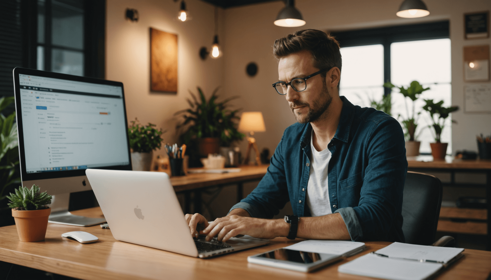 Small business owner managing multi-channel customer support through a unified dashboard on laptop and phone