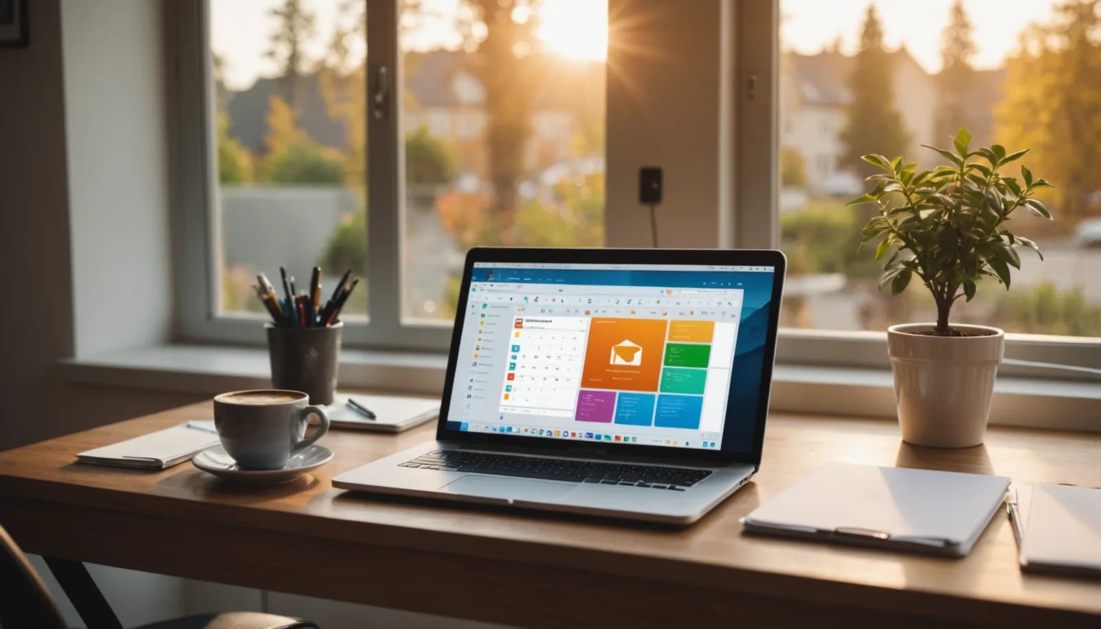 Laptop screen showing no code automation workflow diagram connecting business apps with warm office
