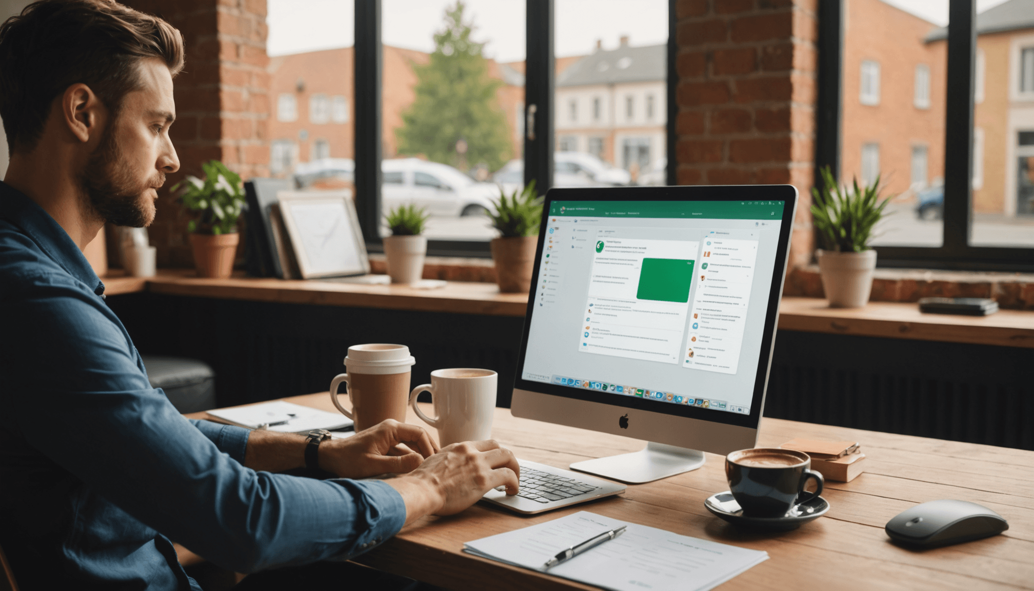 Small business owner using omnichannel support dashboard integrating email, WhatsApp, and social media conversations on laptop