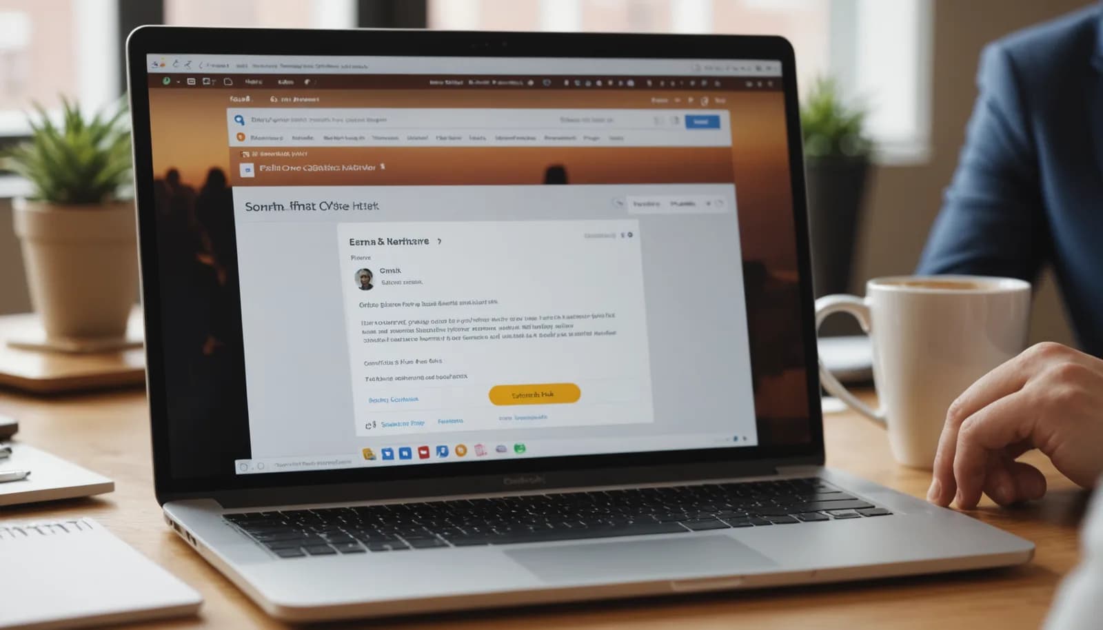 Sales follow up email templates being composed in CRM with contact details visible on laptop screen