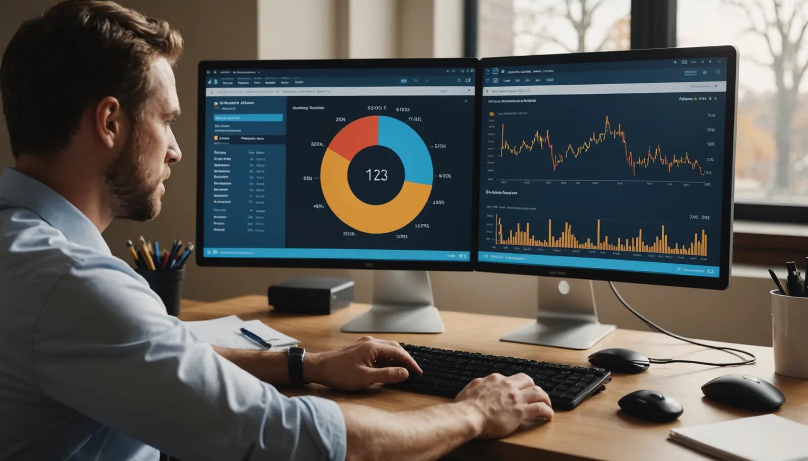 Sales professional viewing a dashboard with sales pipeline management metrics and deal stages on a