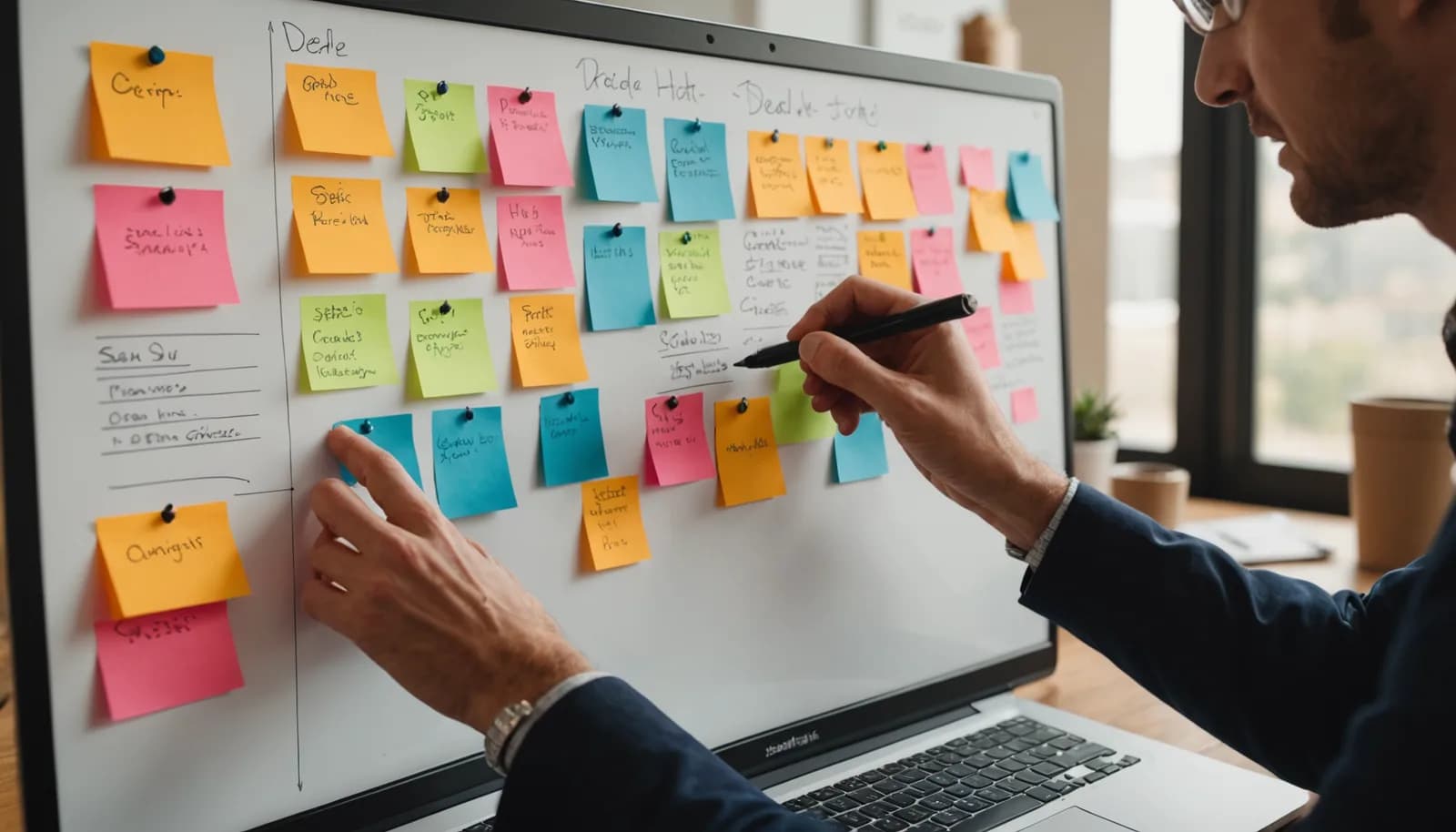 Hands updating a whiteboard with pipeline stages and deal information for sales pipeline management.