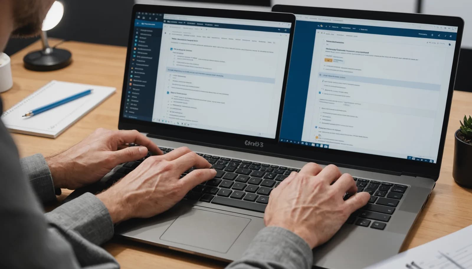 Close-up of hands typing compliance documentation for WhatsApp customer support chatbot setup on