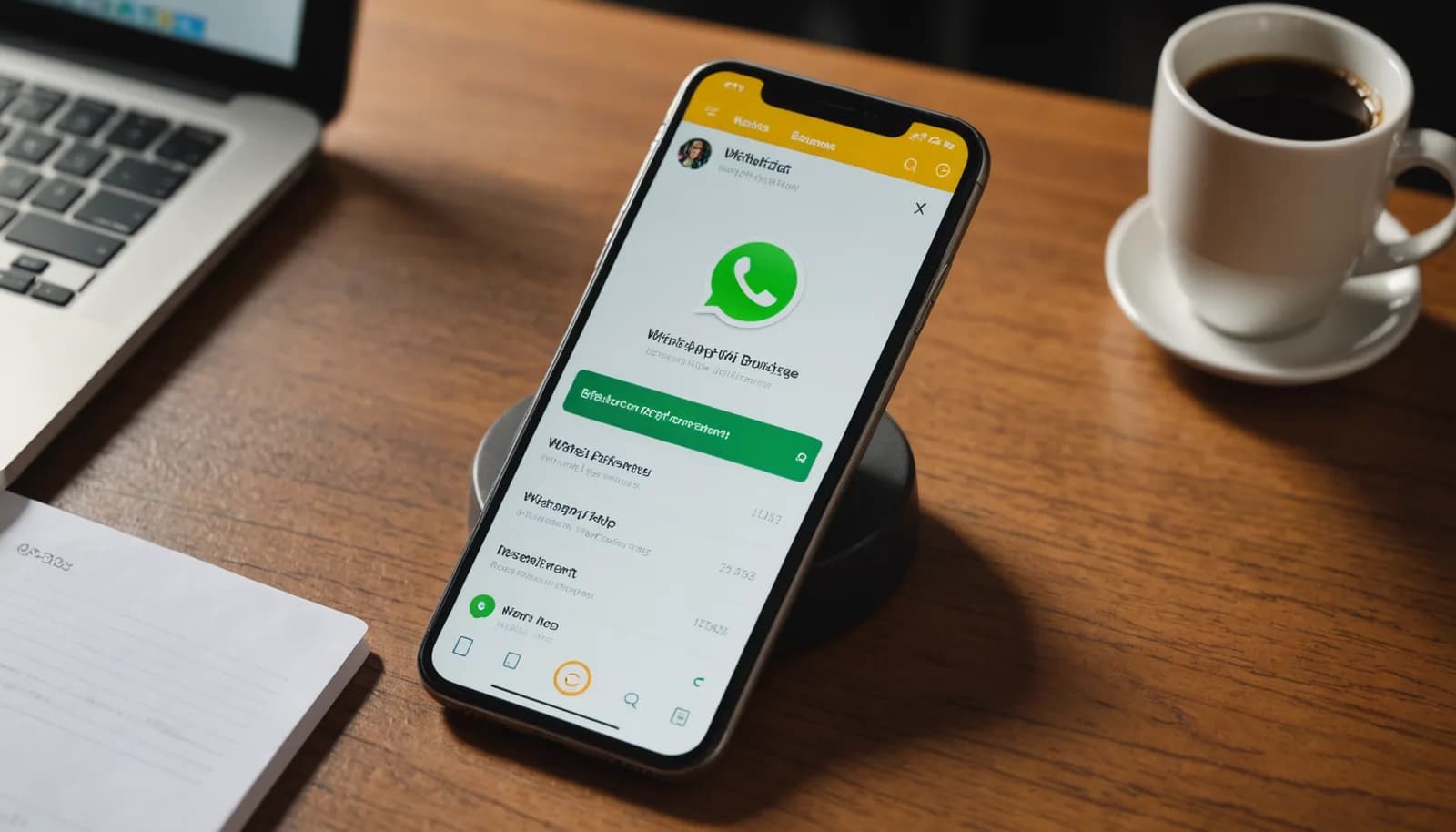 Mobile phone displaying WhatsApp Business chatbot message templates for customer support tasks and