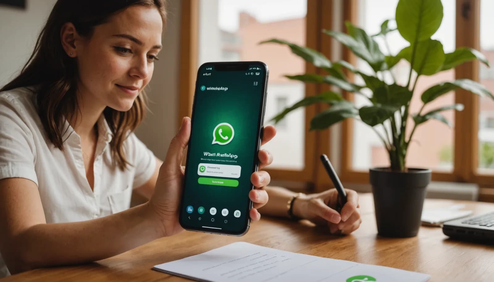 Small business owner reviewing WhatsApp marketing messages on smartphone with warm natural lighting