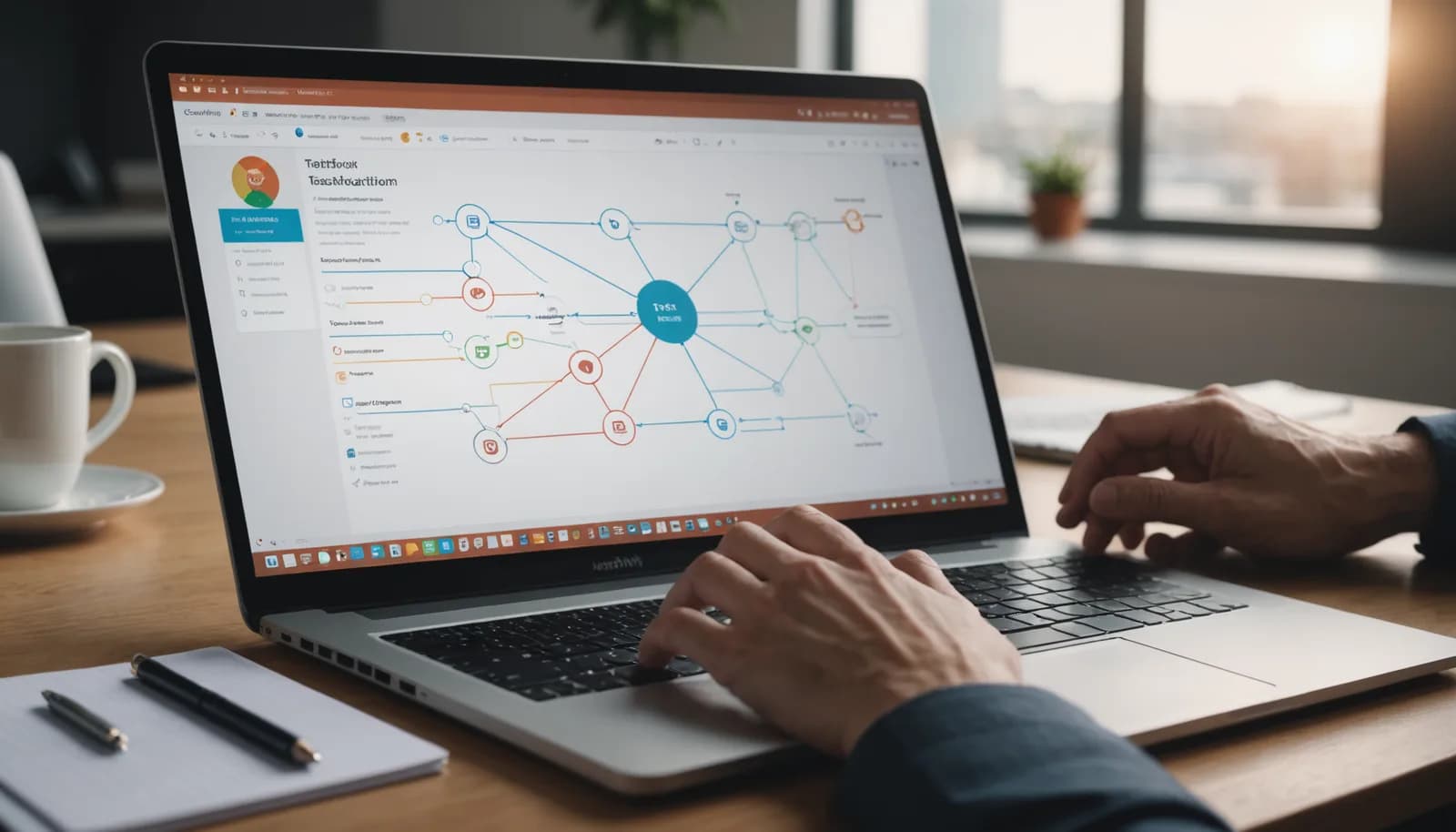 Workflow automation interface on laptop showing connected process tasks and automation steps for