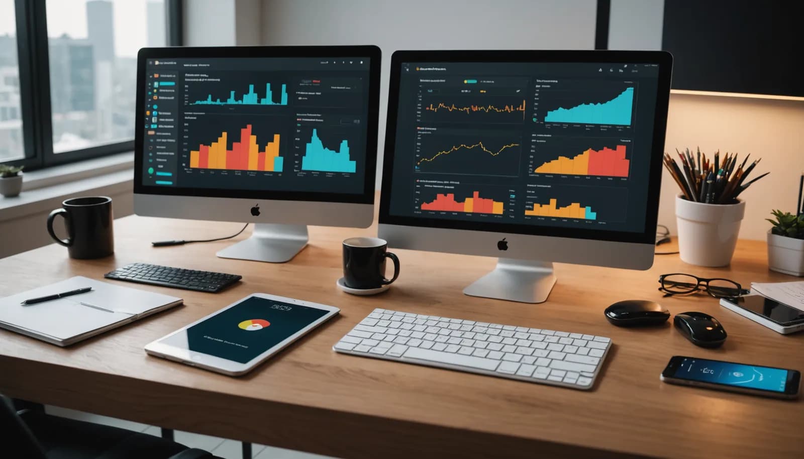 Mobile devices displaying workflow automation dashboard and real-time alerts for small business