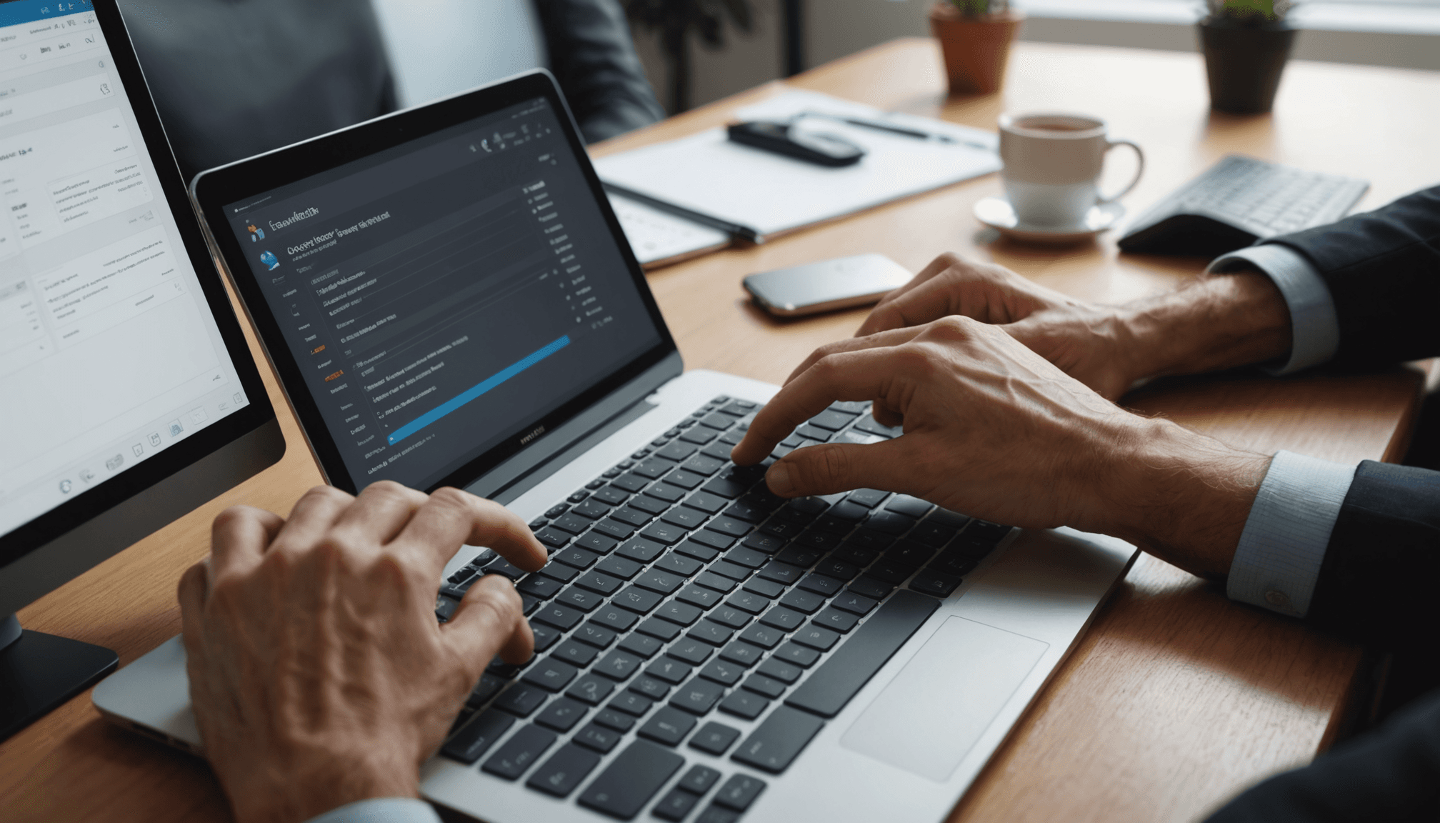 Hands typing on a keyboard with a CRM contact management interface visible on the computer screen