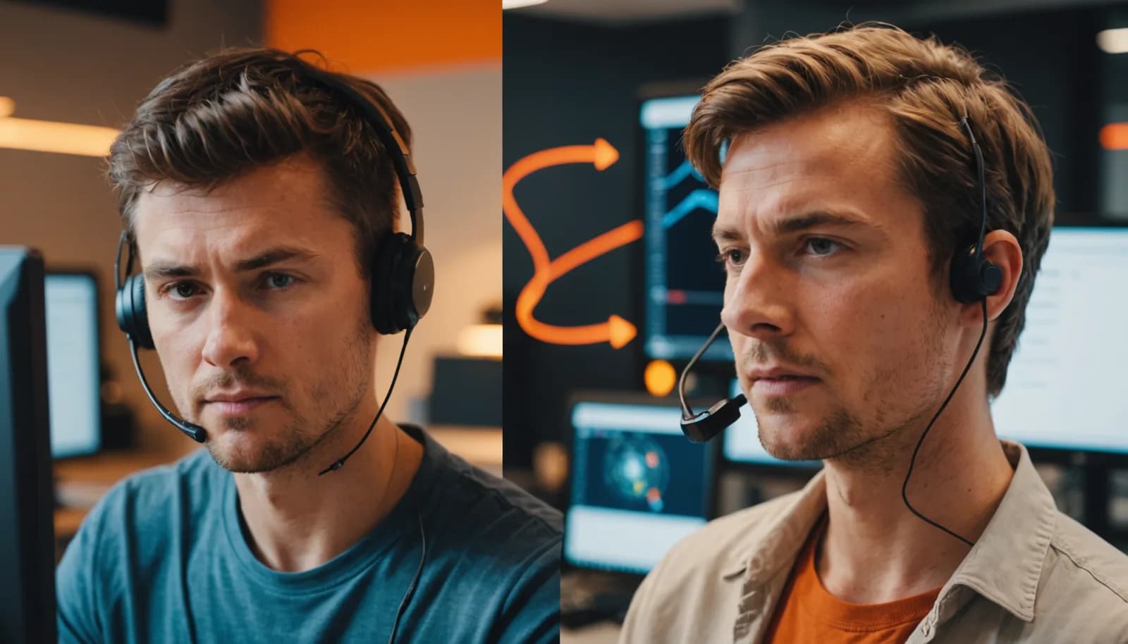 Split-screen visual connecting a customer on their phone to an AI customer service chatbot system