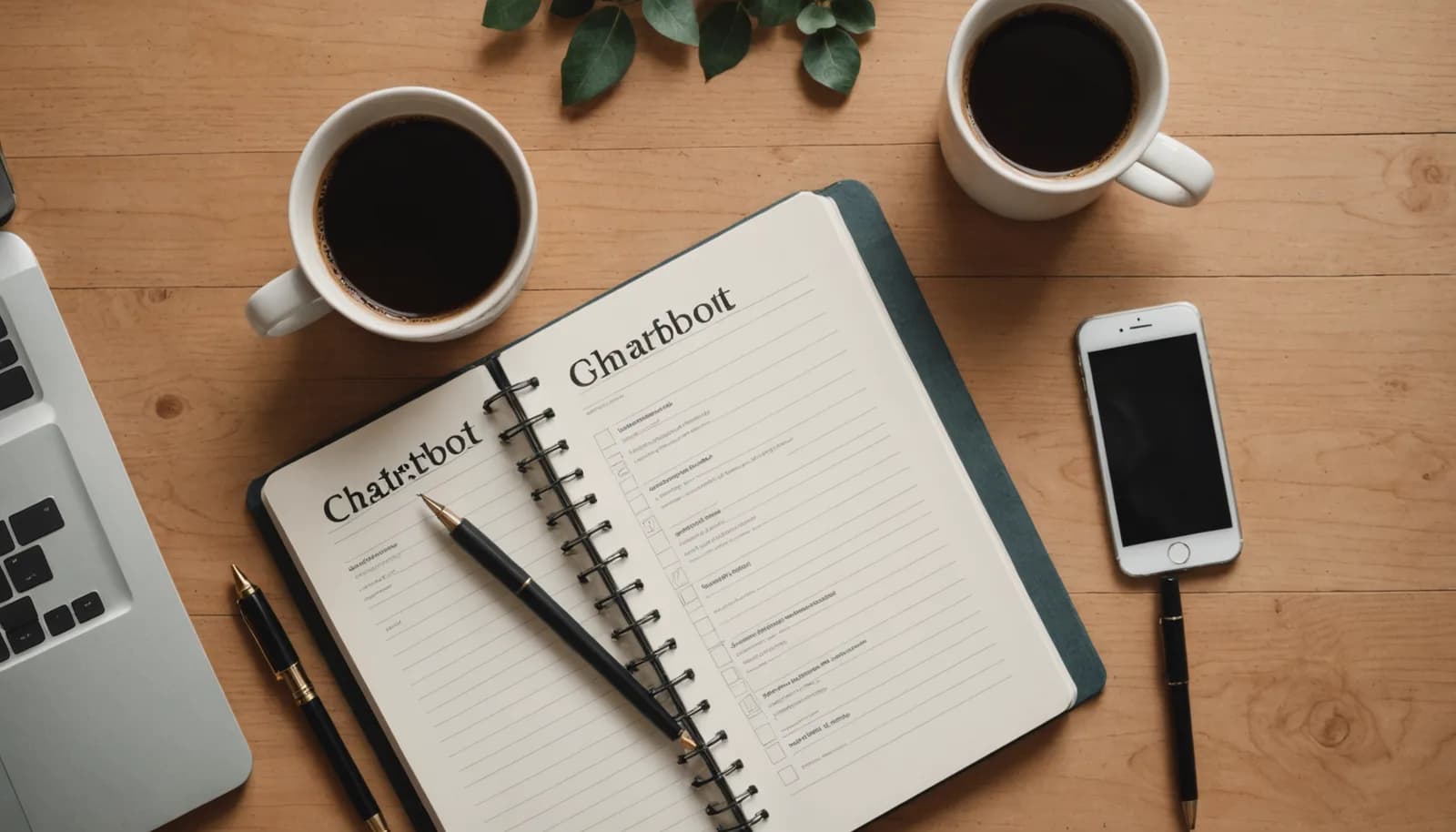 Desk with a checklist notebook for AI customer service chatbot guardrails, smartphone, and pen, lit