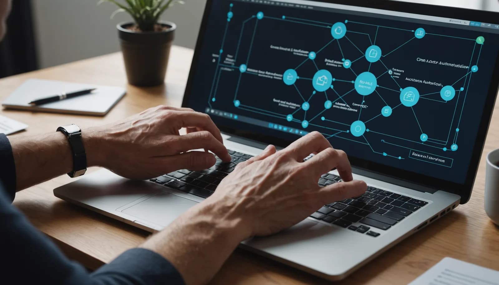 Laptop displaying workflow automation diagram with connected CRM nodes and task management for