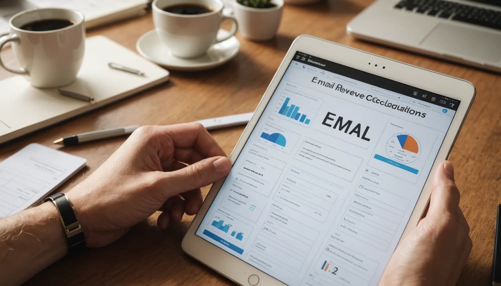 Notebook with email metrics calculations and smartphone showing email campaign tracking performance