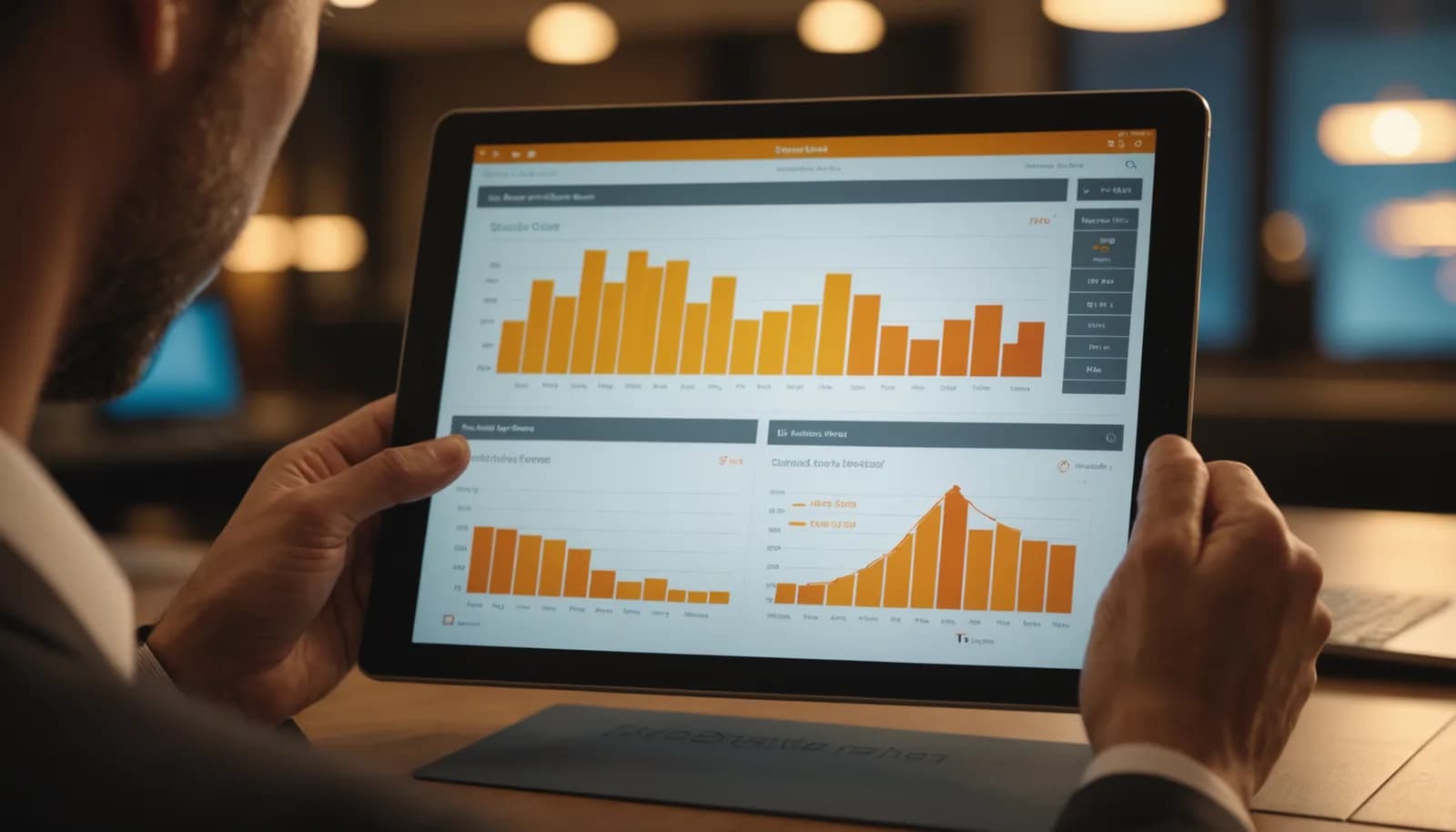 Tablet displaying sender reputation dashboard with upward trending metrics for email performance.