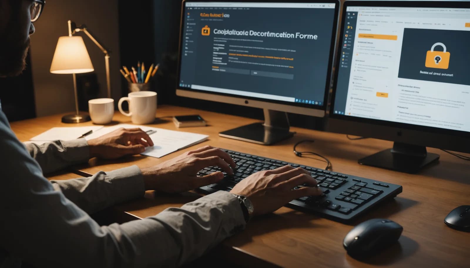 Hands typing on a keyboard with compliance documentation, audit logs, and consent verification