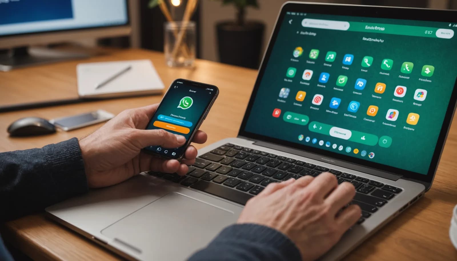 Hands typing with smartphone notifications and connected app icons showing workflow automation tools