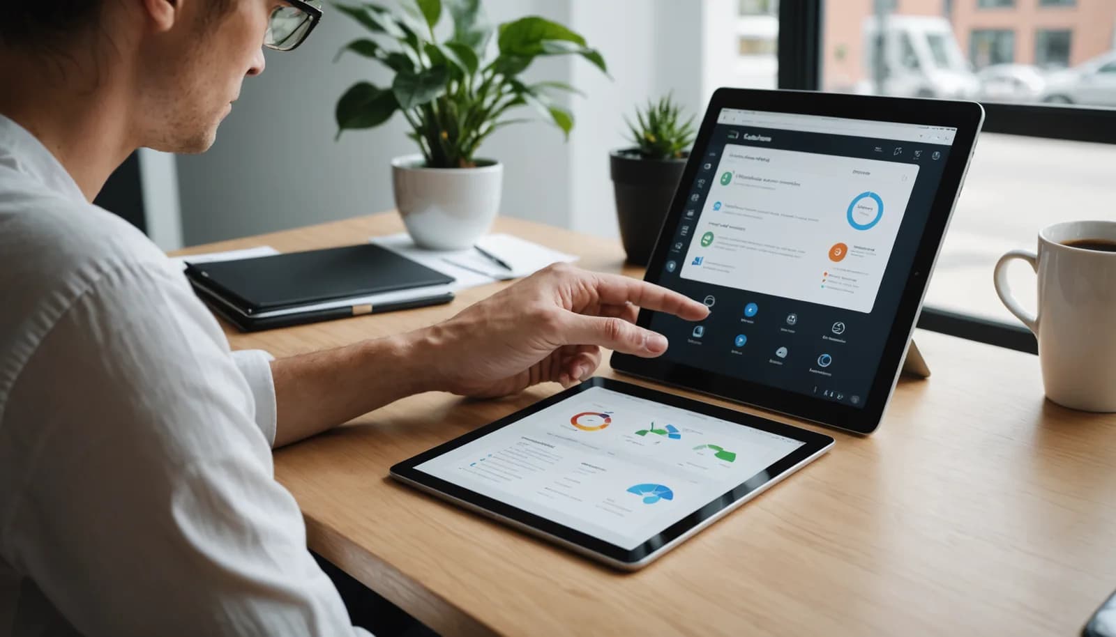 Business owner reviewing CRM dashboard on tablet for no code automation and lead management
