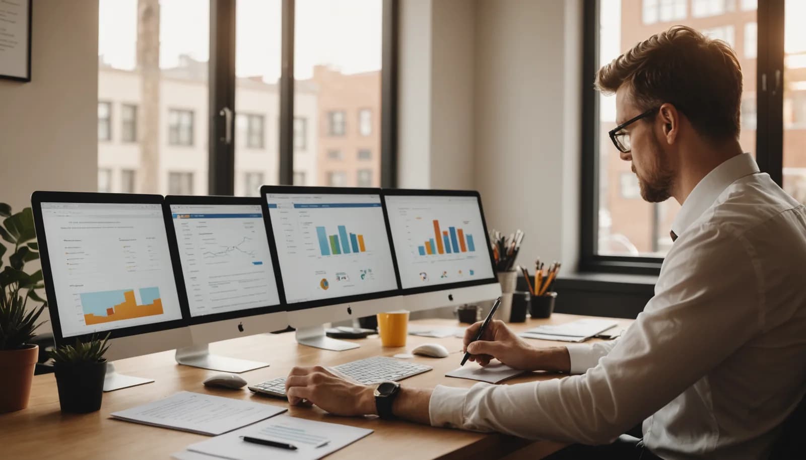 Sales professional reviewing multiple email templates and best practices for follow up