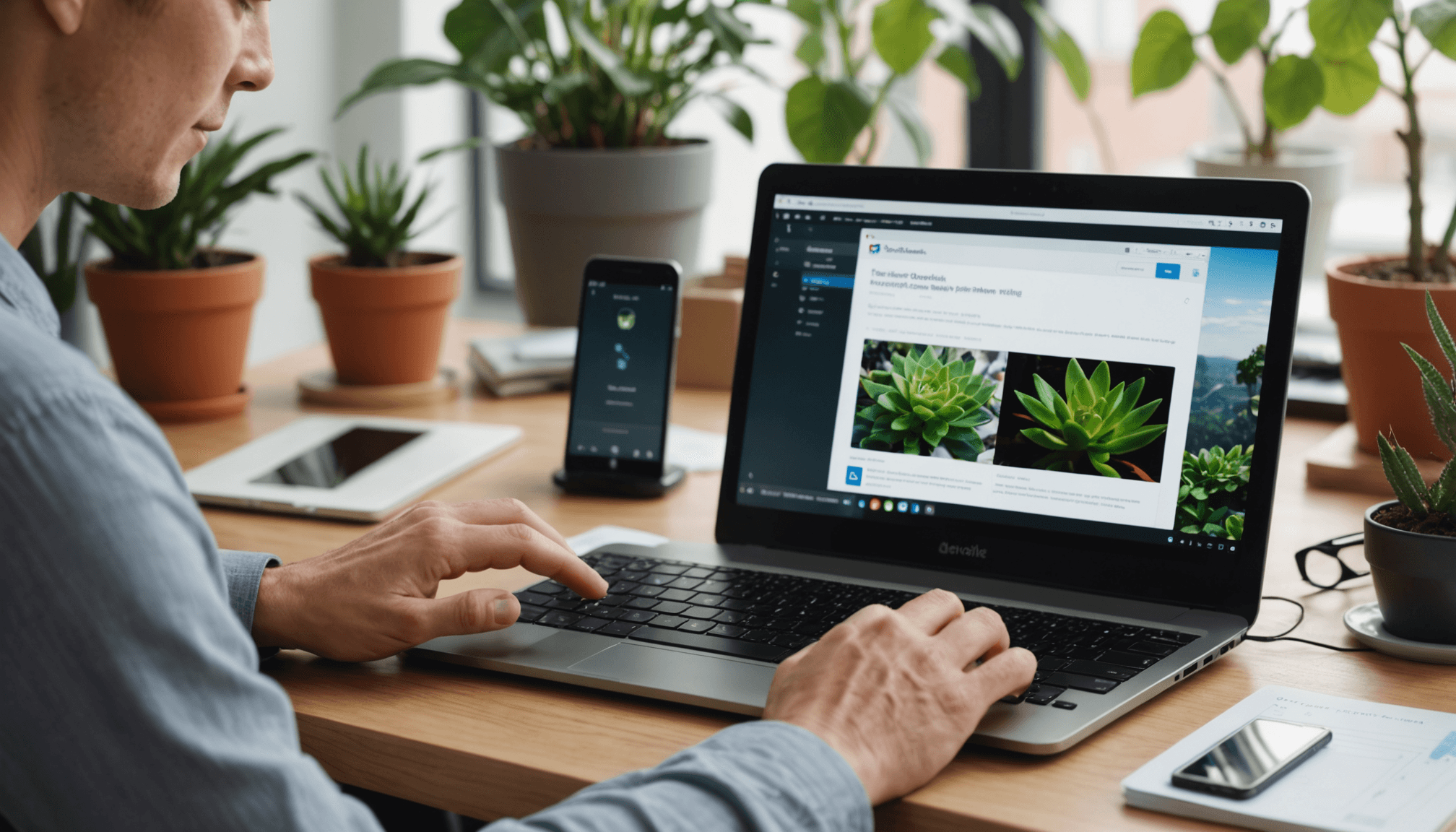 Small business owner managing a unified inbox for business using smartphone and desktop monitor