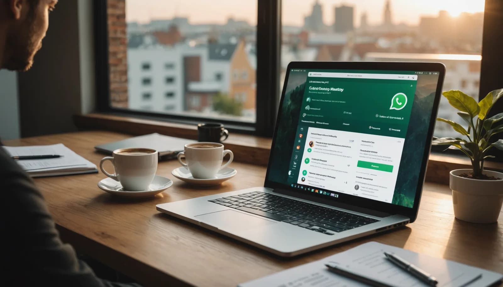 Business owner analyzing WhatsApp marketing analytics on laptop and phone with customer engagement