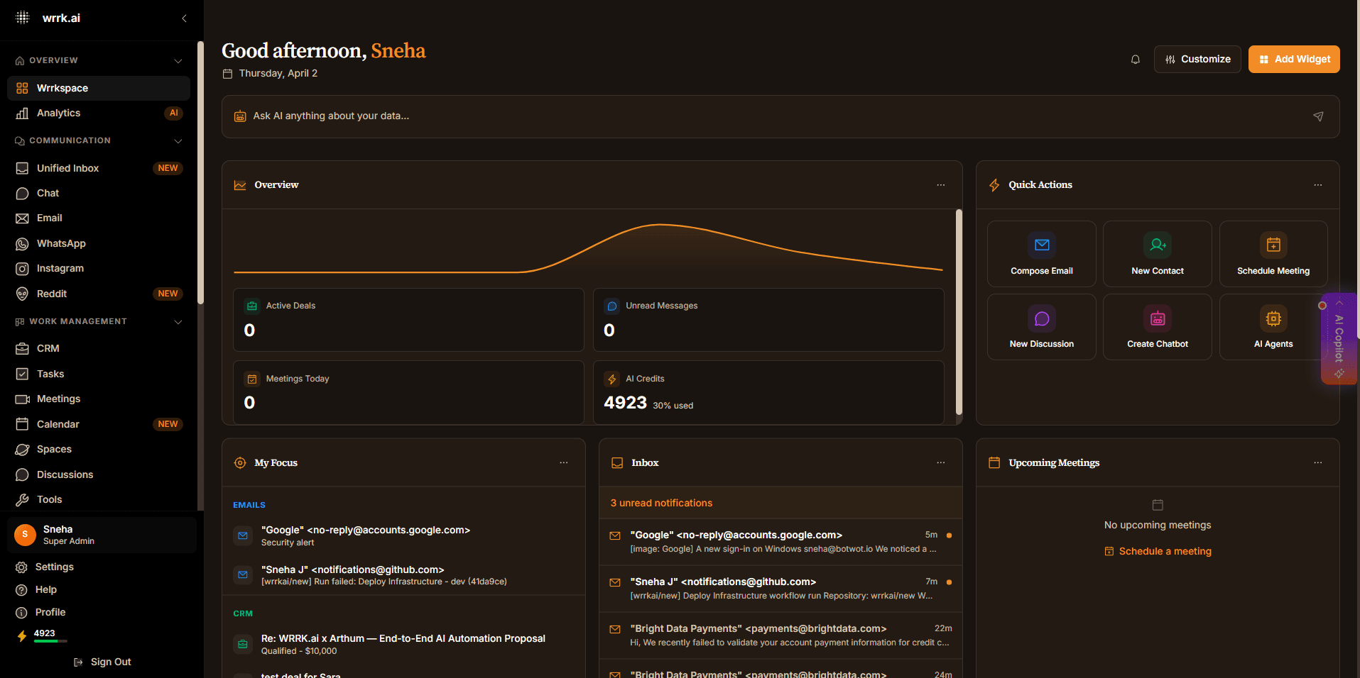 WRRK.ai Wrrkspace — AI-powered dashboard with unified inbox, CRM, analytics, and command bar