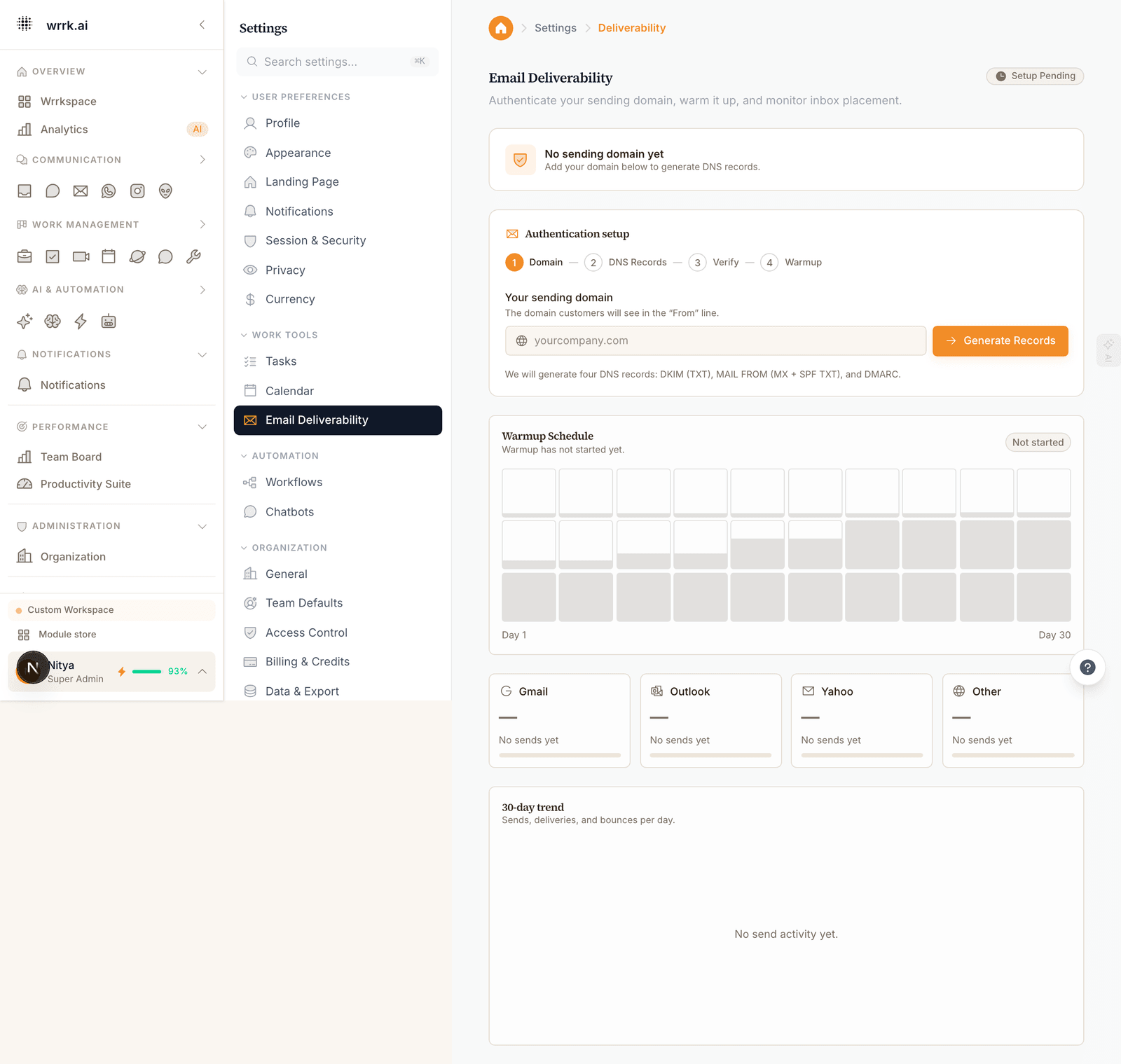 The full deliverability settings page, authentication wizard, sending limits, ISP reputation gauges, and 30-day trend, all on one screen.