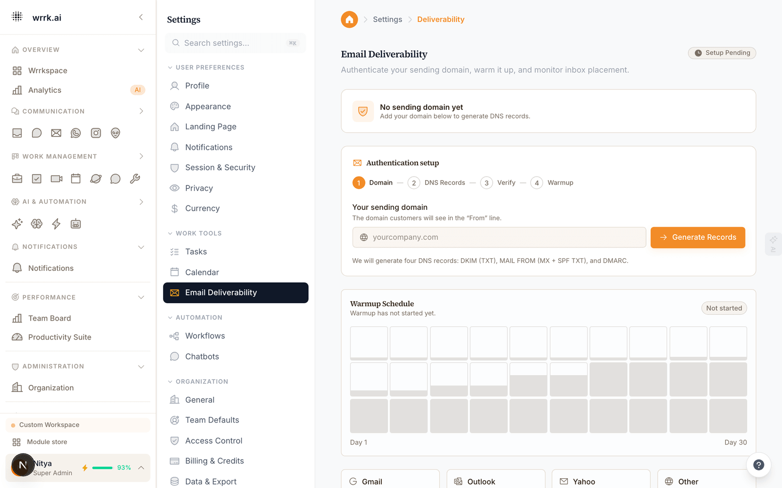 The Email Warmup page. This is where you start.