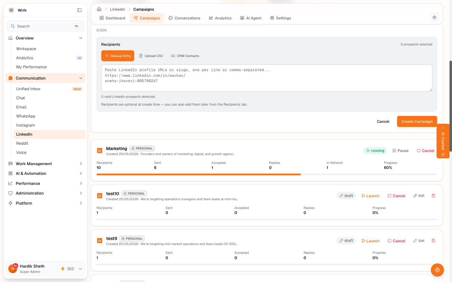 Recipients panel on the create form. Three tabs at the top — Manual Entry, Upload CSV, CRM Contacts — and a paste box for LinkedIn profile URLs or slugs.
