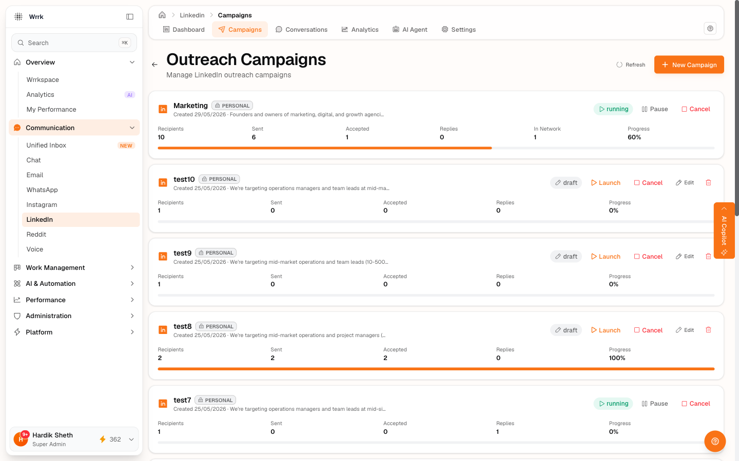 Campaigns list with one running campaign (Marketing, 60% progress, with Pause and Cancel) and several drafts (with Launch, Cancel, and Edit). Status pill on each row tells you which lifecycle action is available.