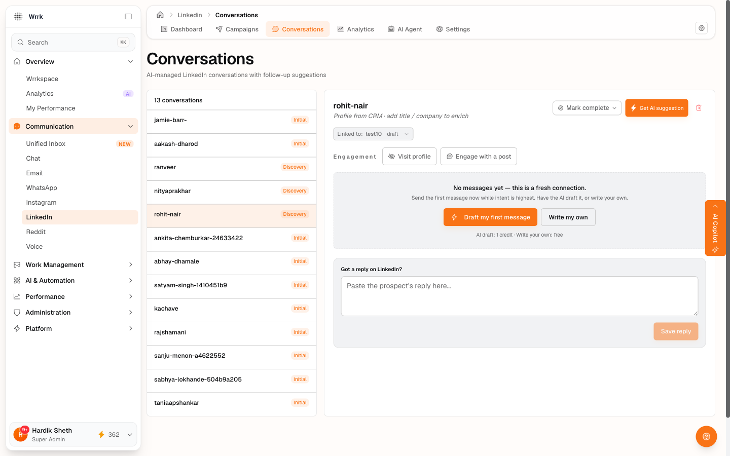 Conversation detail view with rohit-nair selected. Get AI suggestion button top-right, Mark complete dropdown, Engagement panel with Visit profile and Engage with a post buttons, and a "No messages yet" empty state with "Draft my first message" and "Write my own" buttons.