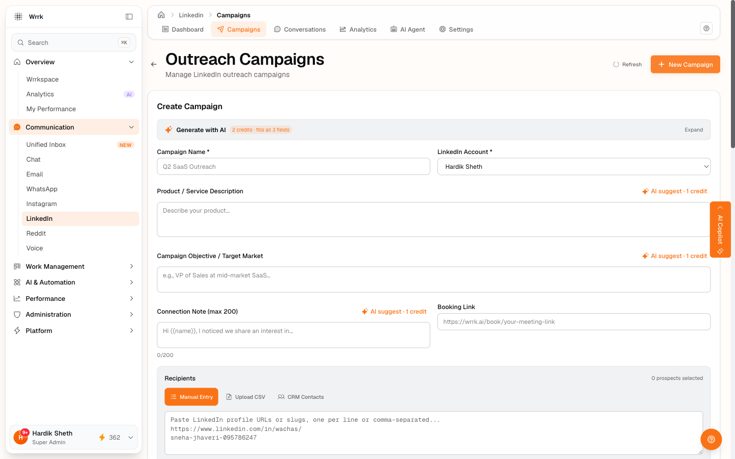 Create Campaign form, Campaign Name, LinkedIn Account picker, Product/Service description, Campaign Objective, Connection Note (max 200), Booking Link, and a Recipients block underneath. "Generate with AI" header above fills all three text fields for 2 credits.