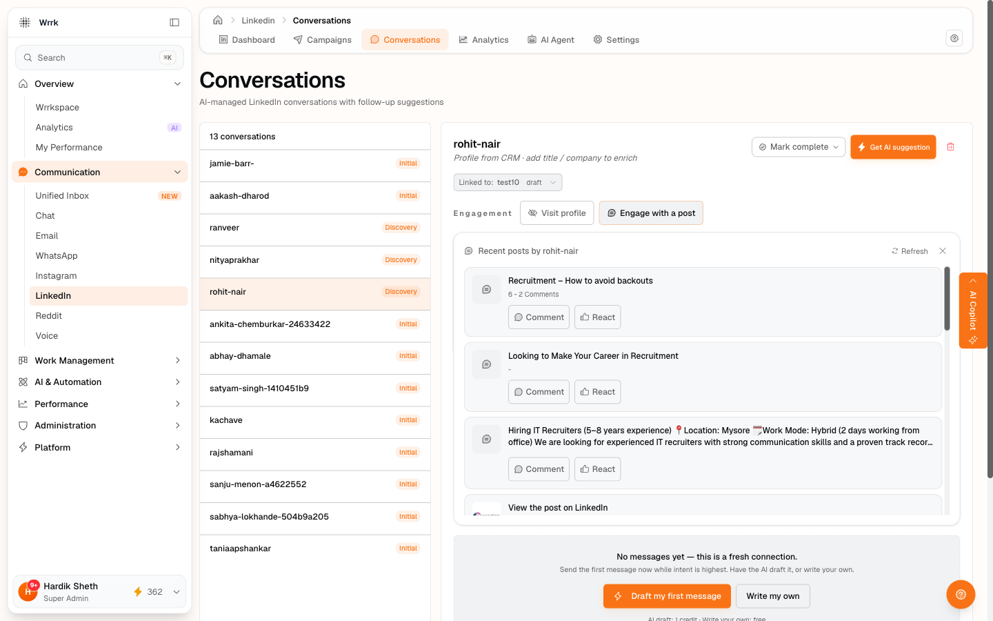 Engage with a post picker showing the prospect's recent posts inline — title + comment count for each post, with Comment and React buttons that deep-link to LinkedIn so you can interact in one click.