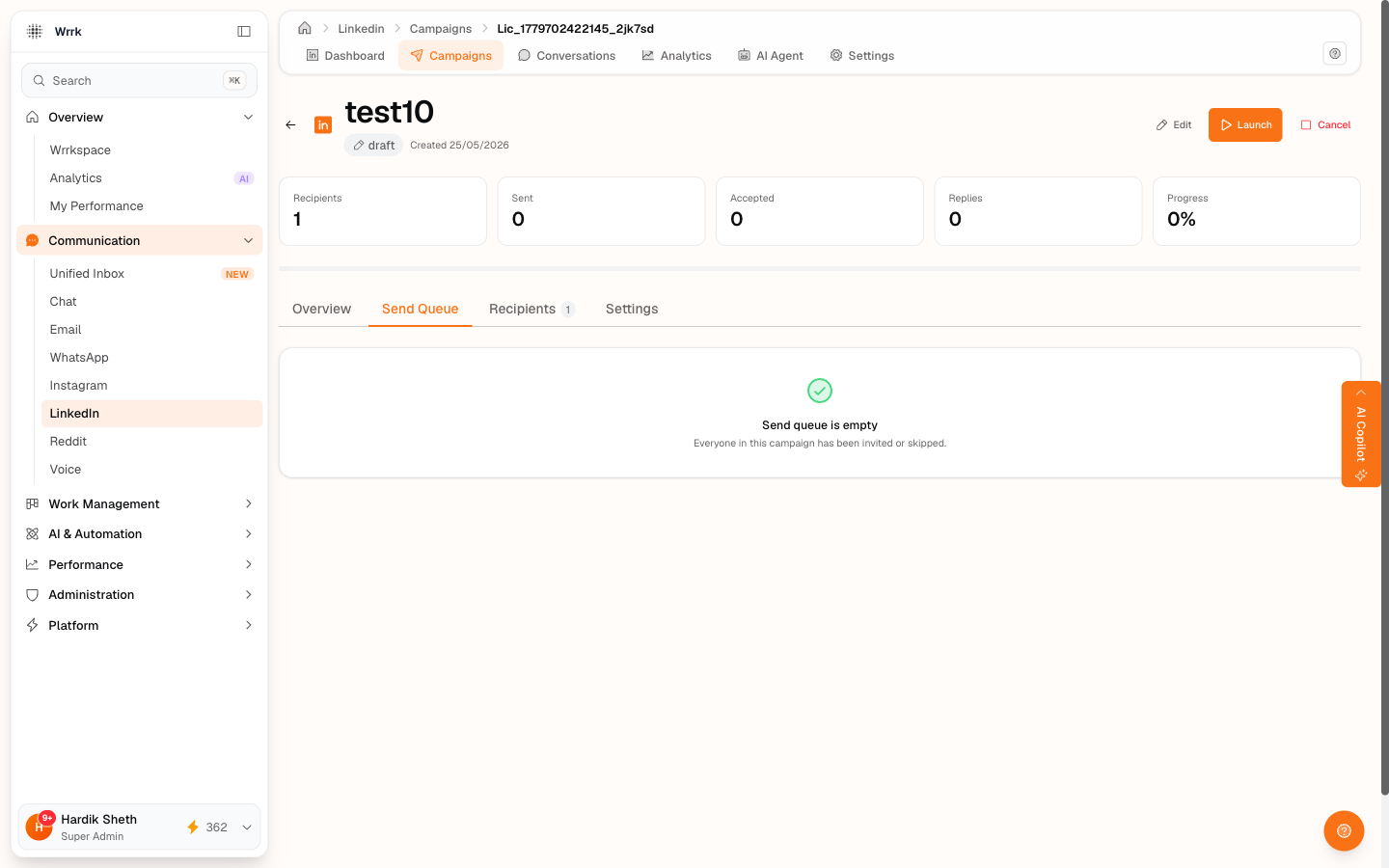 Send Queue tab on a campaign with summary metrics across the top (Recipients, Sent, Accepted, Replies, Progress) and tab navigation (Overview, Send Queue, Recipients, Settings).